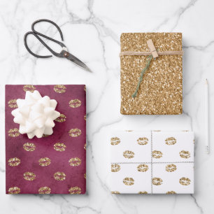 Burgundy Gold Glitter Kisses Lips  Wrapping Paper Sheet