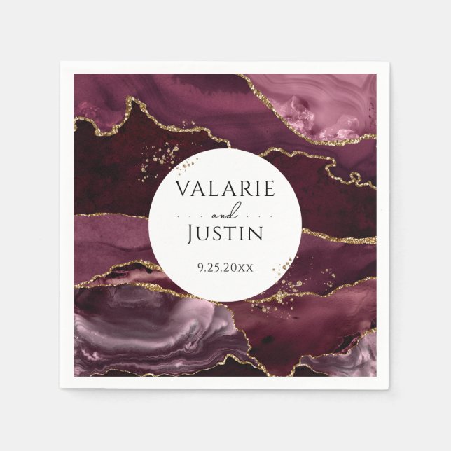 Burgundy Gold Glitter Marble Wedding  Napkins (Front)