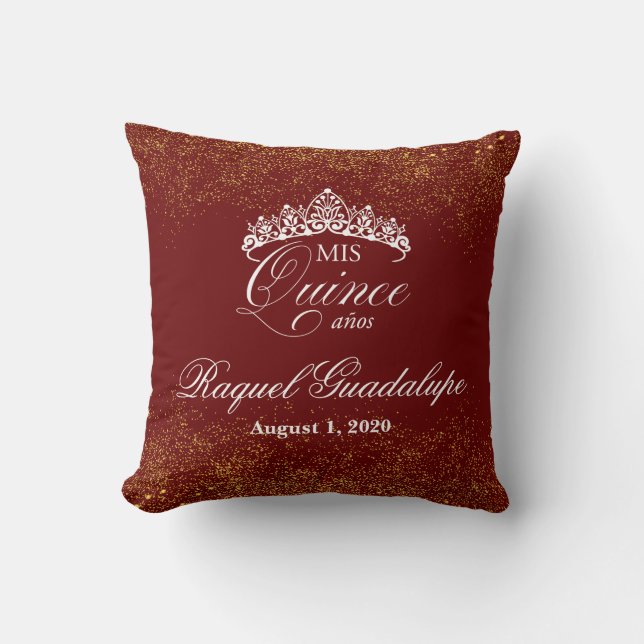 Burgundy + Gold Glitter Mis XV Recuerdo 16" Pillow (Front)
