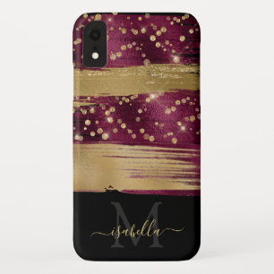 Burgundy Gold Glitter Script Monogrammed iPhone XR Case