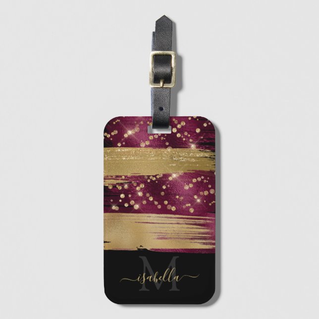 Burgundy Gold Glitter Script Monogrammed Luggage Tag (Front Vertical)