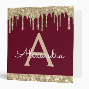 Burgundy Gold Glitter & Sparkle Monogram Binder