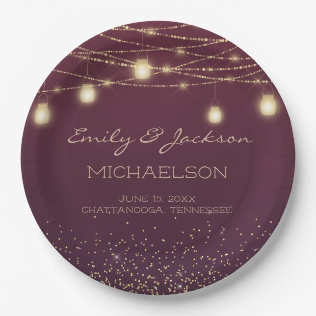 Burgundy Gold Glitter String Light Lantern Wedding Paper Plate (Front)