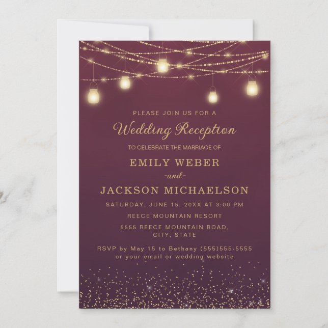 Burgundy Gold Glitter String Light Reception  Invi Invitation (Front)