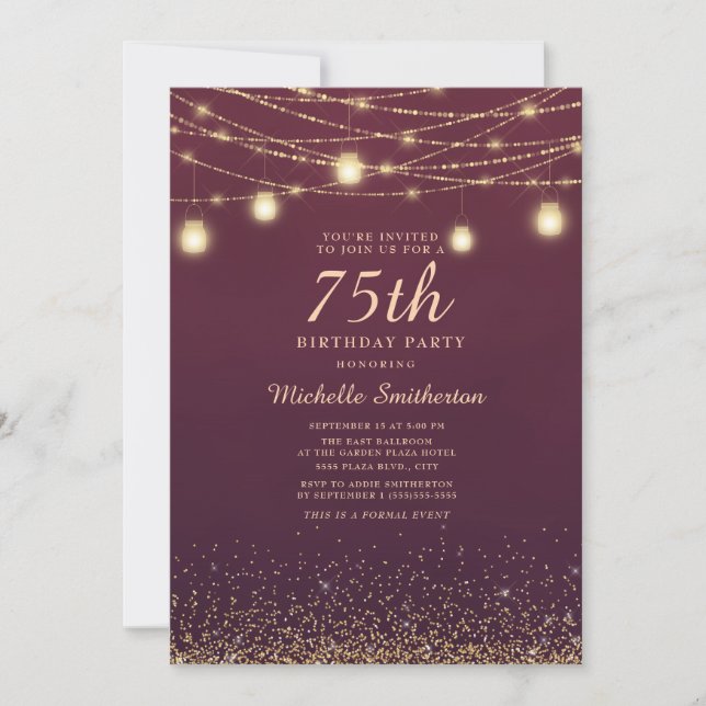 Burgundy Gold Glitter String Lights Formal 75th Invitation (Front)