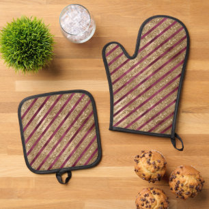 Burgundy Gold Glitter Stripes  Oven Mitt & Pot Holder Set