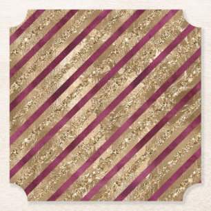 Burgundy Gold Glitter Stripes  Paper Coaster
