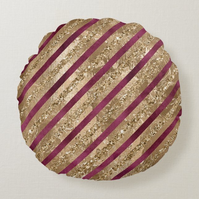 Burgundy Gold Glitter Stripes  Round Pillow (Front)
