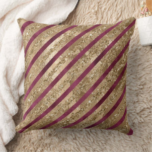 Burgundy Gold Glitter Stripes  Throw Pillow