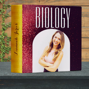 Burgundy & Gold Glitters Biology Girls Photo Name  Binder