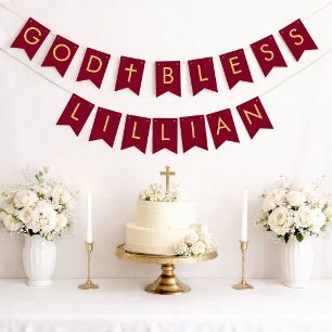 Burgundy Gold God Bless 7 Letter Baptism Communion Bunting Flags
