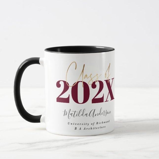 Burgundy gold graduation elegant script modern mug (Left)