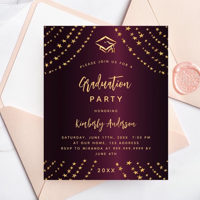 Burgundy gold graduation party budget invitation (Creator Uploaded)