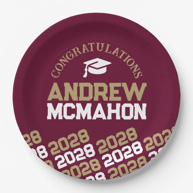 Burgundy & Gold Half Repeat Grad Personalized Paper Plate (Front)