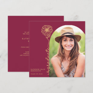 Burgundy Gold Handwritten Floral Photo Graduation Invitation