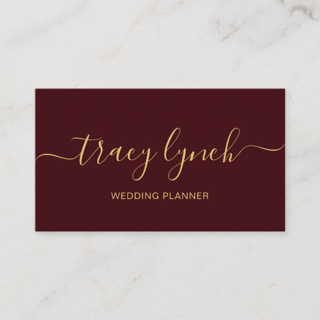 Burgundy Gold  Handwritten Script Calligraphy Business Card (Front)