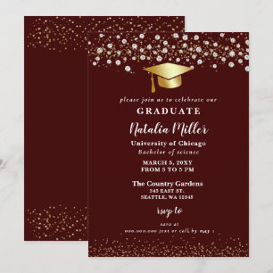 Burgundy Gold Hat Glitter Rhinestone Graduation Invitation