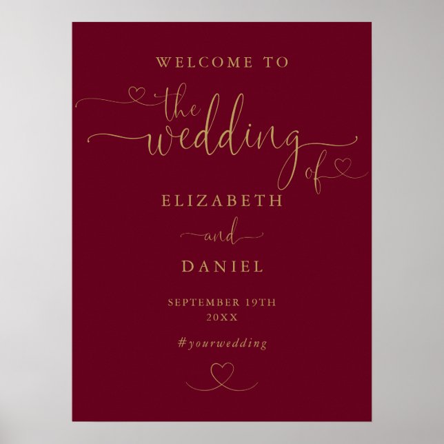 Burgundy Gold Heart Script Wedding Welcome Sign (Front)