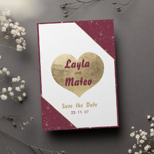 Burgundy gold heart sparkle glitter Save the Date Invitation