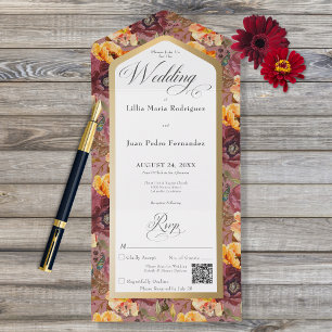Burgundy & Gold Jewel Floral Gold Frame QR Code All In One Invitation