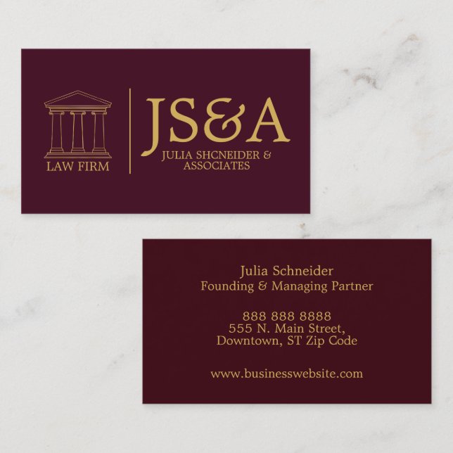 Burgundy Gold Justice Columns Law Firm Business Card (Front/Back)