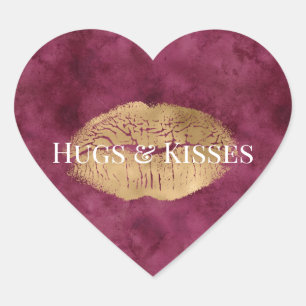 Burgundy Gold Kiss Lips        Heart Sticker