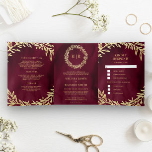 Burgundy Gold Leaf Branch All in One Wedding Tri-Fold Invitation