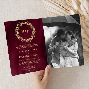 Burgundy Gold Leaf Branch QR Code Wedding Invitation