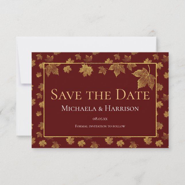 Burgundy & Gold Leaf Enregistrer la carte Date (Devant)