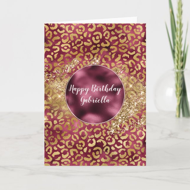 Burgundy Gold Leopard Print Glitzy Glitter Card (Front)