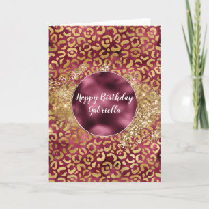 Burgundy Gold Leopard Print Glitzy Glitter Card