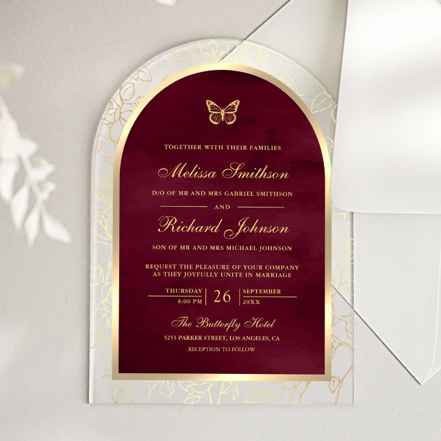 Burgundy Gold Line Art Arch Butterfly Wedding Acrylic Invitations (Creator Uploaded)