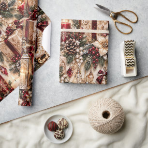 Burgundy Gold Luxury Christmas Skates Wrapping Paper