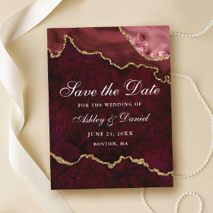 Burgundy Gold Marble Agate Geode Save The Date Announcement Postcard