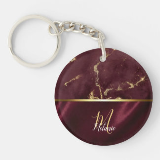 Burgundy Gold Marble & Satin Monogram Keychain