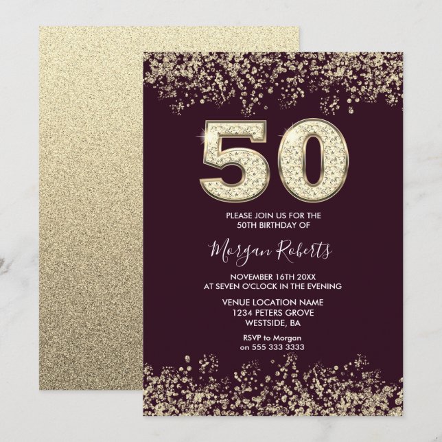 Burgundy & Gold Mens or Womans 50th Birthday Party Invitation (Front/Back)