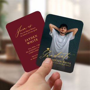 Burgundy Gold Mini Modern Script Photo Graduation Enclosure Card