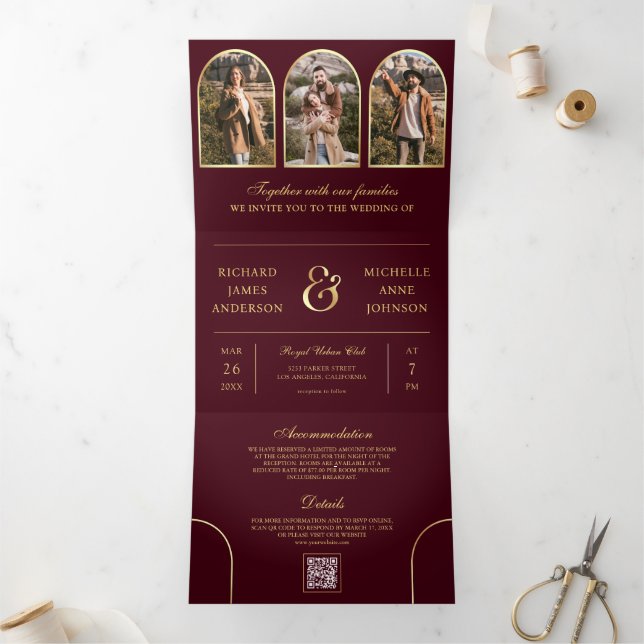 Burgundy Gold Minimal Arch Photo QR code Wedding Tri-Fold Invitation (Inside)