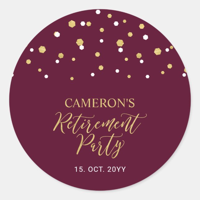 Burgundy & Gold | Modern Retirement Party Favour Classic Round Sticker (Front)