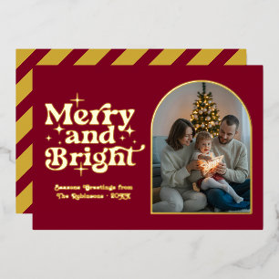 Burgundy & Gold Modern Retro Christmas Photo Foil Holiday Card