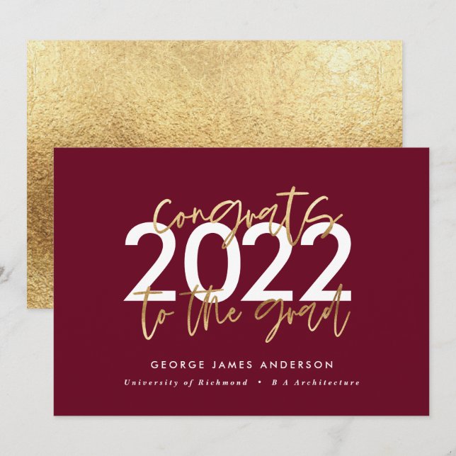 burgundy gold modern script stylish graduation  (Front/Back)
