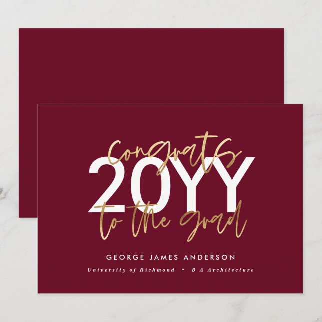 burgundy gold modern script stylish graduation invitation (Front/Back)