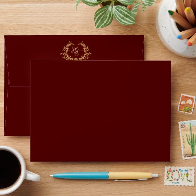 Burgundy Gold Monogram Crest Wedding Photo Envelope (Desk)