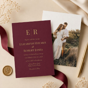 Burgundy Gold Monogram Custom Photo Wedding Invitation