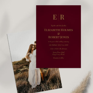Burgundy Gold Monogram Custom Photo Wedding Invitation