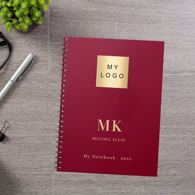 Burgundy gold monogram initials business notebook (Creator Uploaded)