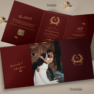 Burgundy Gold Monogram Photo QR   RSVP Wedding  Tri-Fold Card