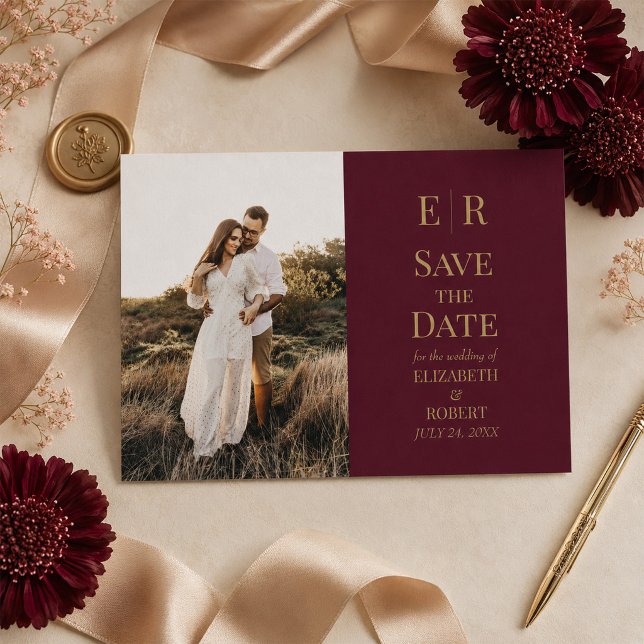 Burgundy Gold Monogram Photo Save the Date Card (Burgundy Gold Monogram Photo Save the Date Card on an elegant table with wedding decor)