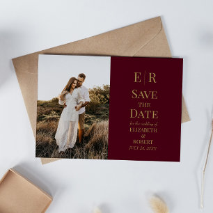 Burgundy Gold Monogram Photo Save the Date Card