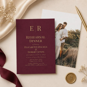 Burgundy Gold Monogram Rehearsal Dinner Invitation